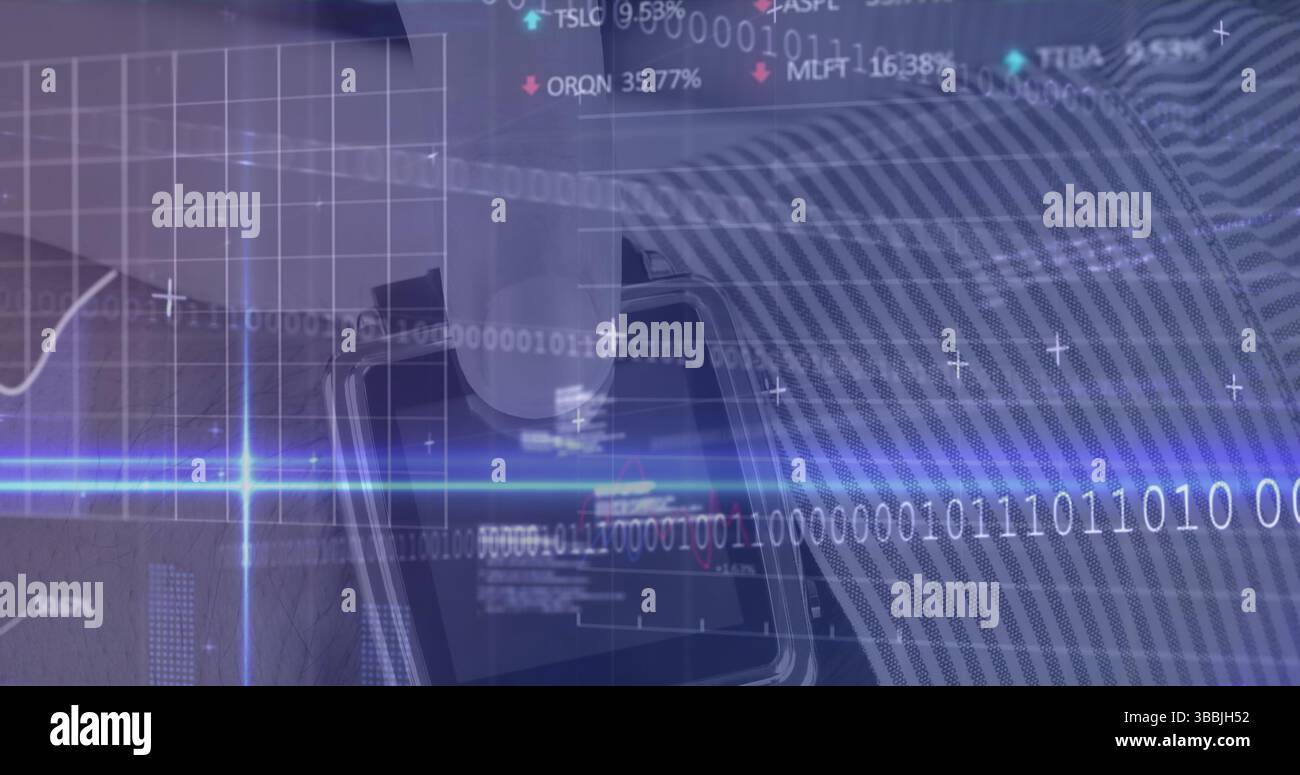 Showing overlay on screen, with binary, grid, line chart, stock tickers ...