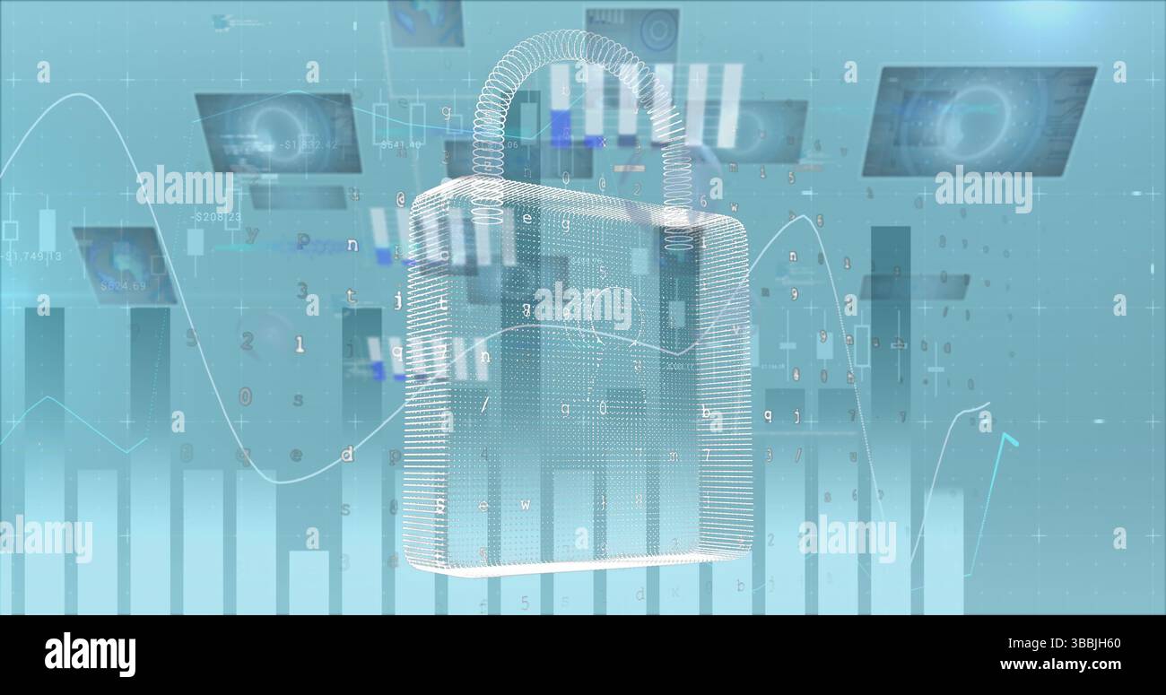 Image of online security padlock, statistics and financial data processing over city Stock Photo