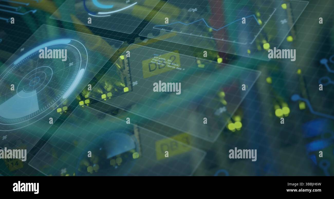 Image of clock moving over screen with diverse data Stock Photo