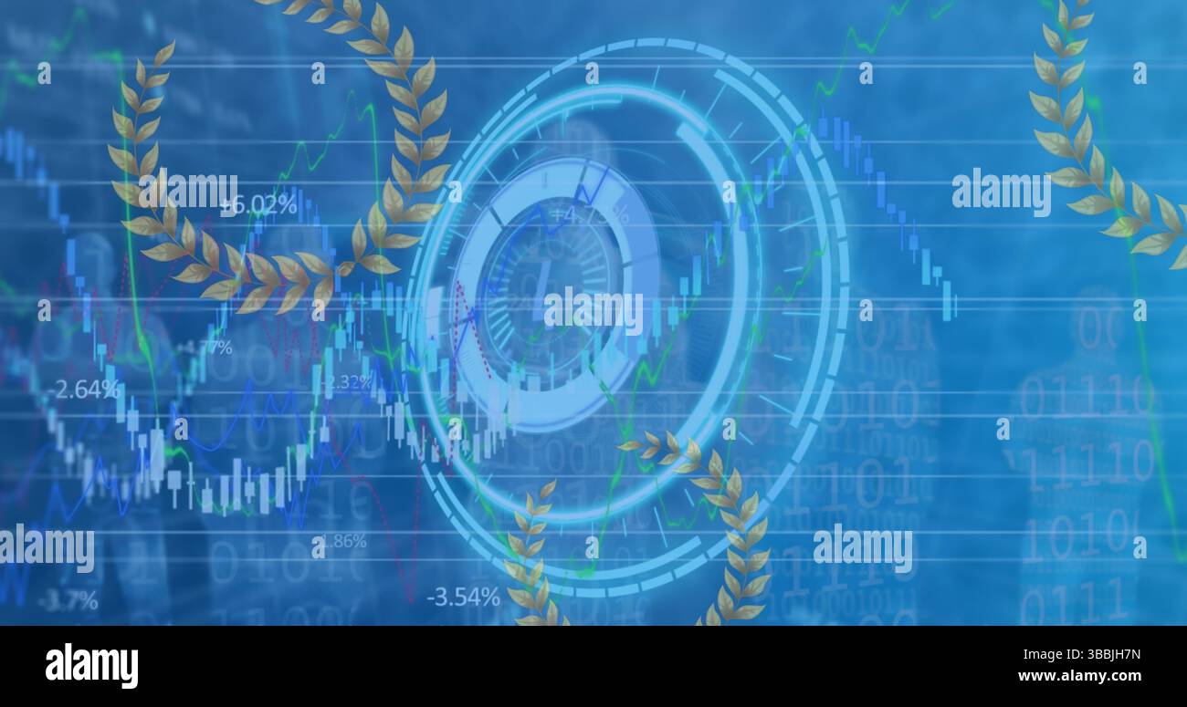 Image of financial graphs over processing circle on blue background Stock Photo