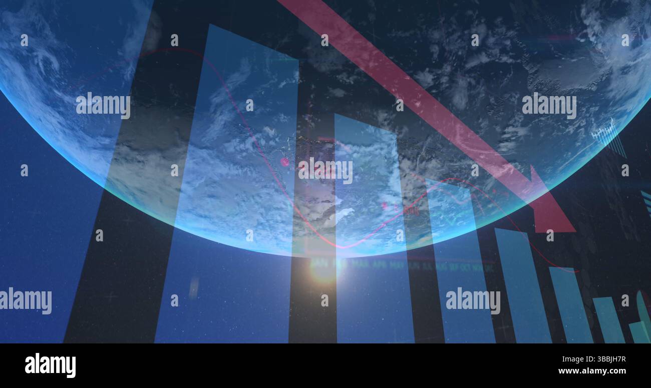 Image of statistics and data processing with red arrow over globe Stock Photo