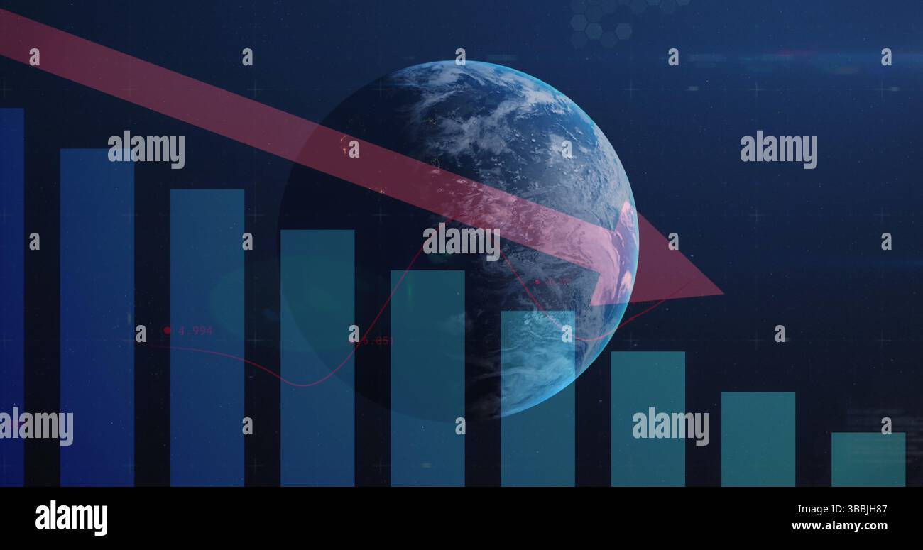 Image of statistics and data processing with red arrow over globe Stock Photo