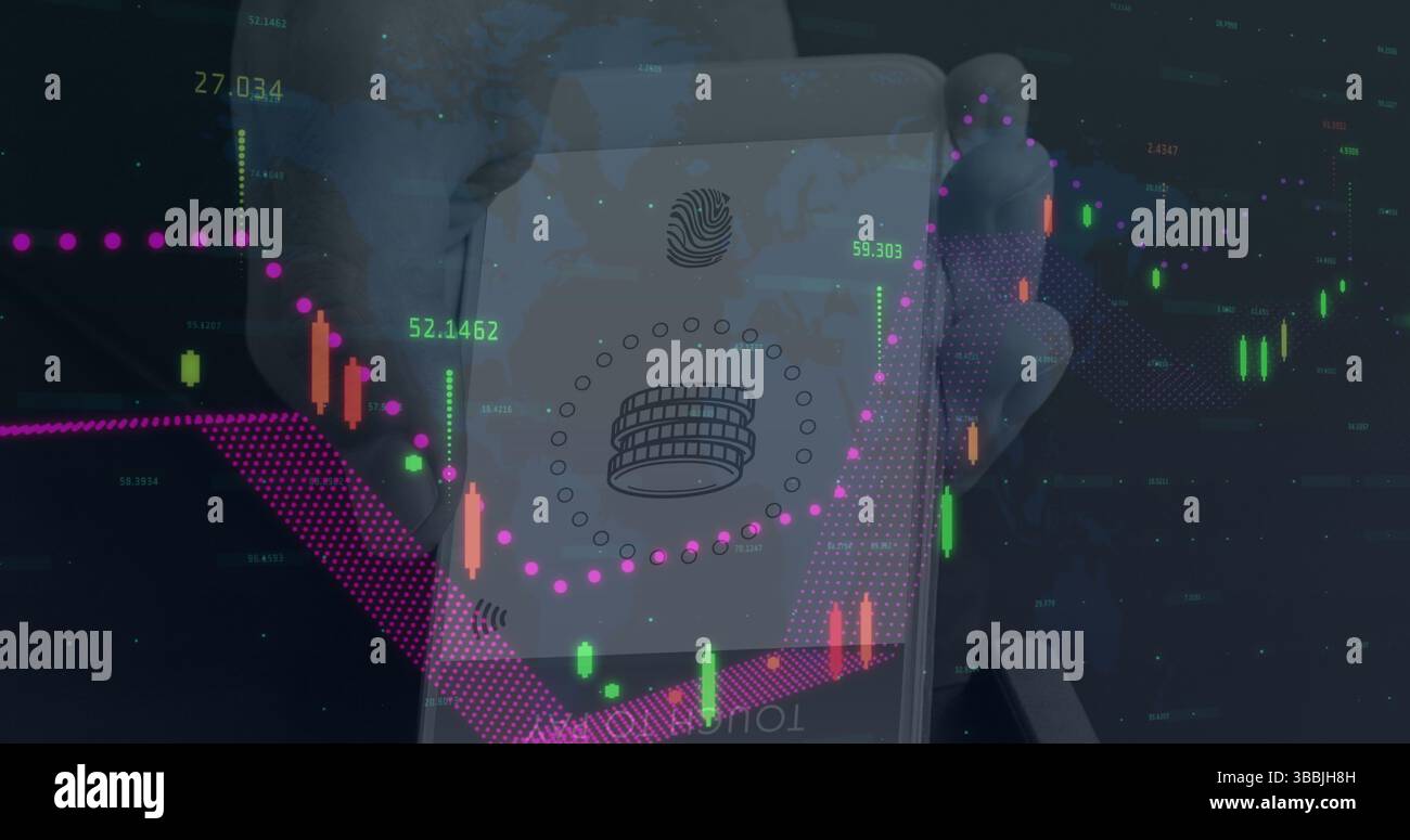 Image of data processing over hand holding smartphone Stock Photo