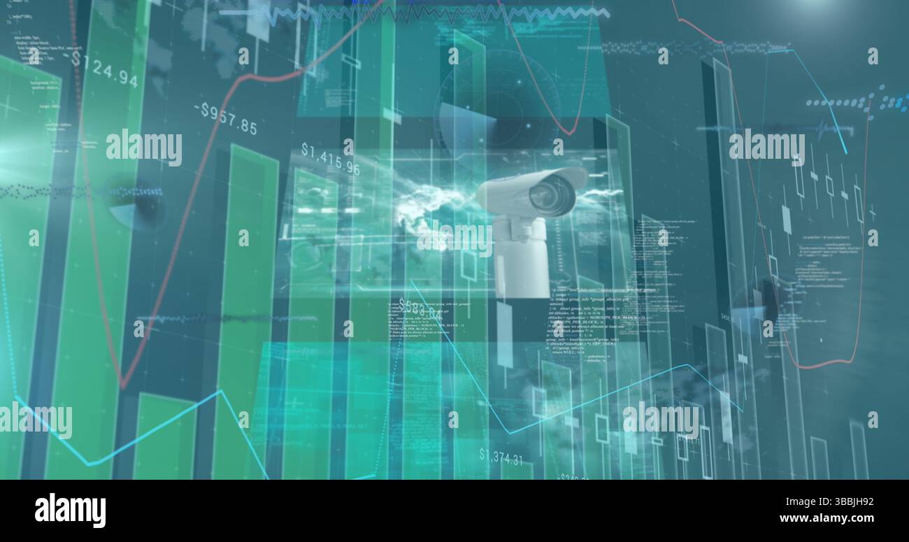 Image of cctv camera, statistics and financial data processing over city Stock Photo