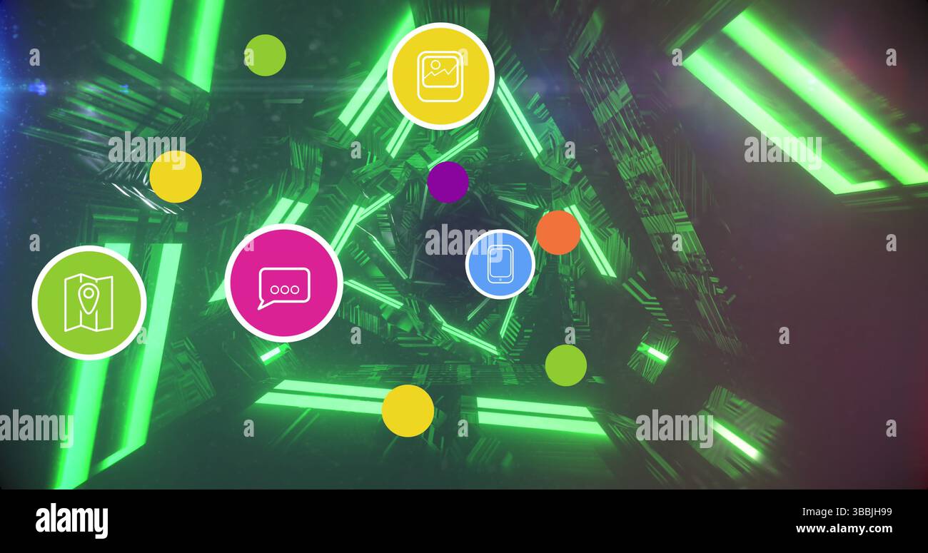 Image of social media reactions over tunnel made of moving neon lights Stock Photo