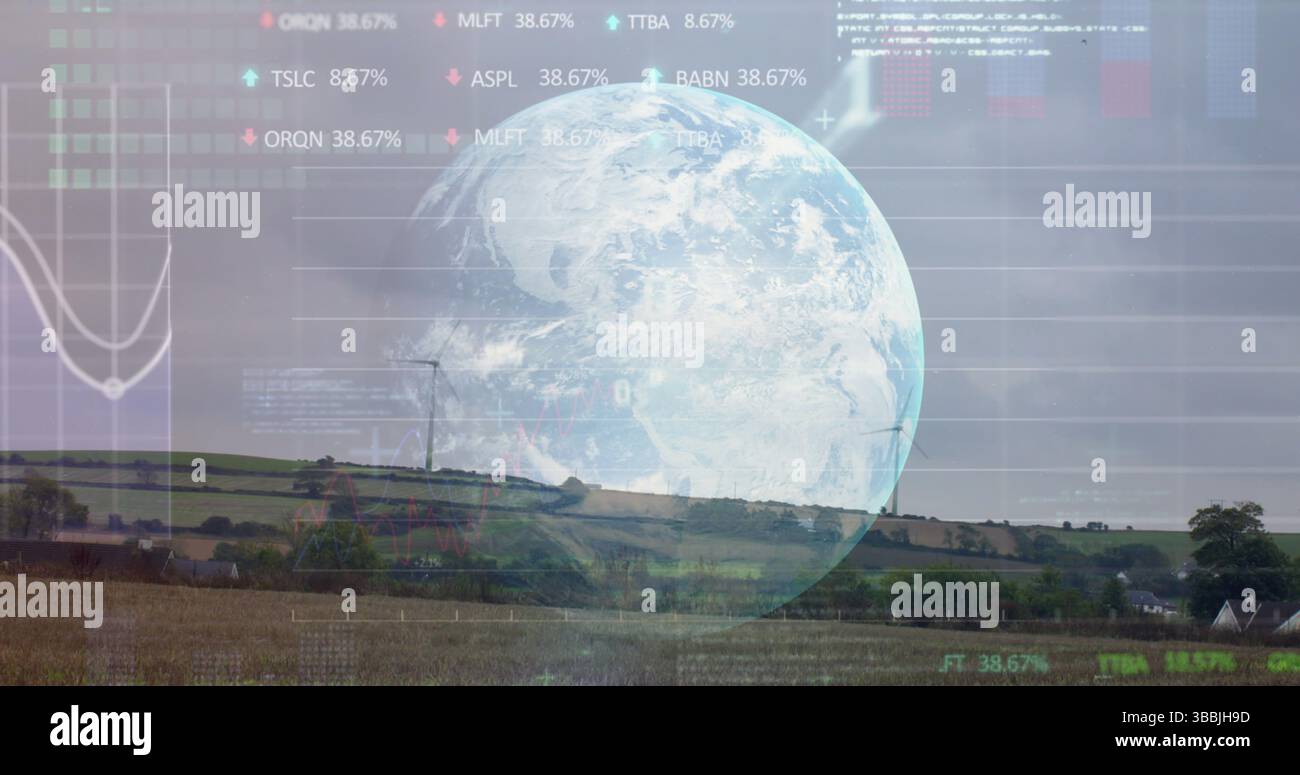 Image of graphs, globe and data processing over wind turbine Stock Photo