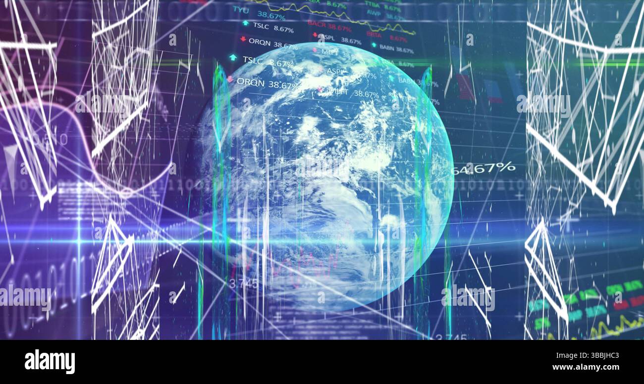 Image of data processing, globe and connections on navy background ...