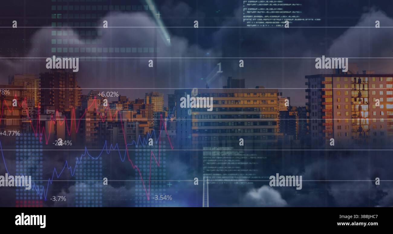 Image of financial graphs and data processing over cityscape Stock Photo