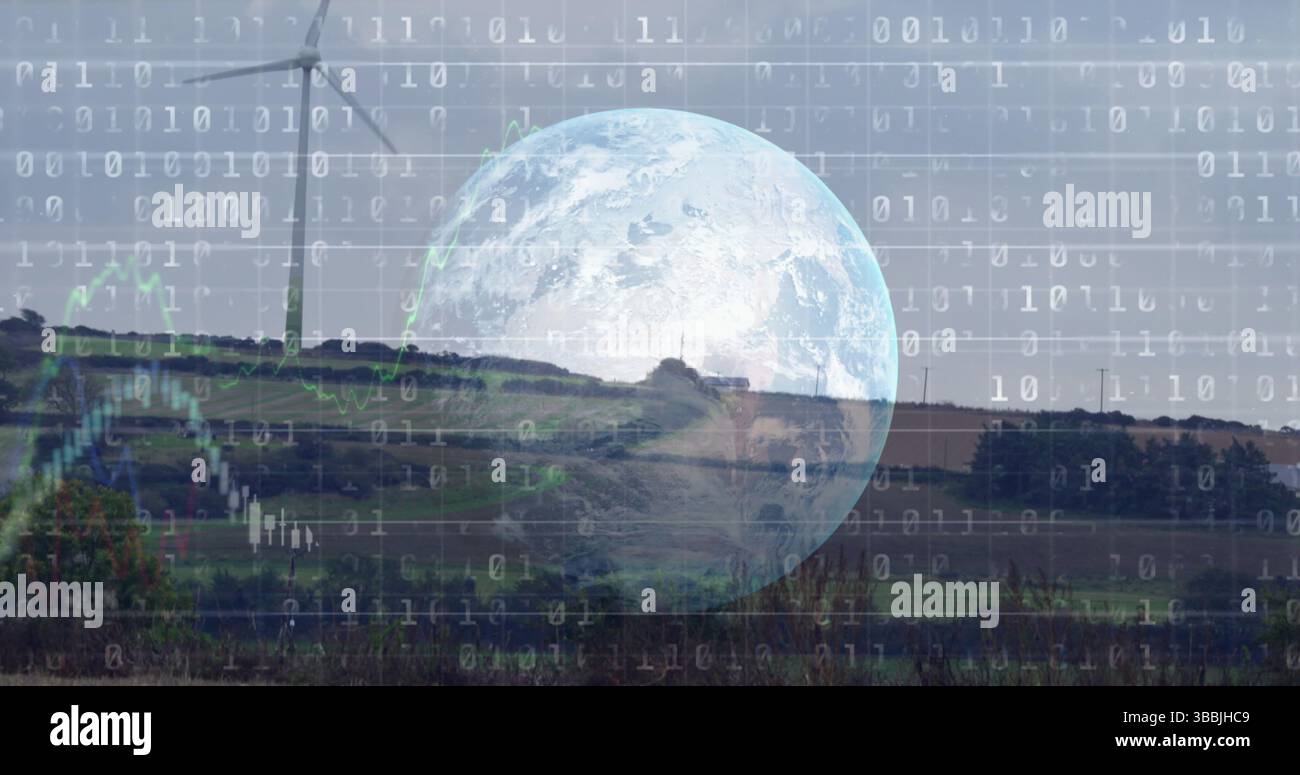 Image of graphs, globe and data processing over wind turbine Stock Photo