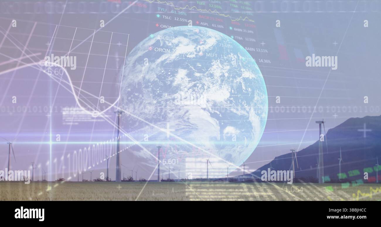 Image of graphs, globe and data processing over wind turbine Stock Photo