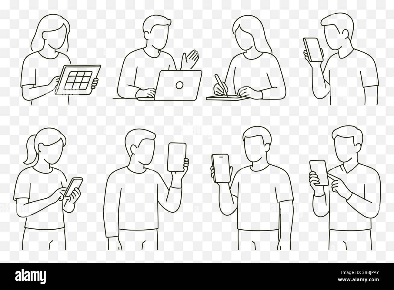 Minimalist Line Art Set of People Using Smartphones, Tablets, and Laptops – Digital Life and Mobile Interaction Stock Vector