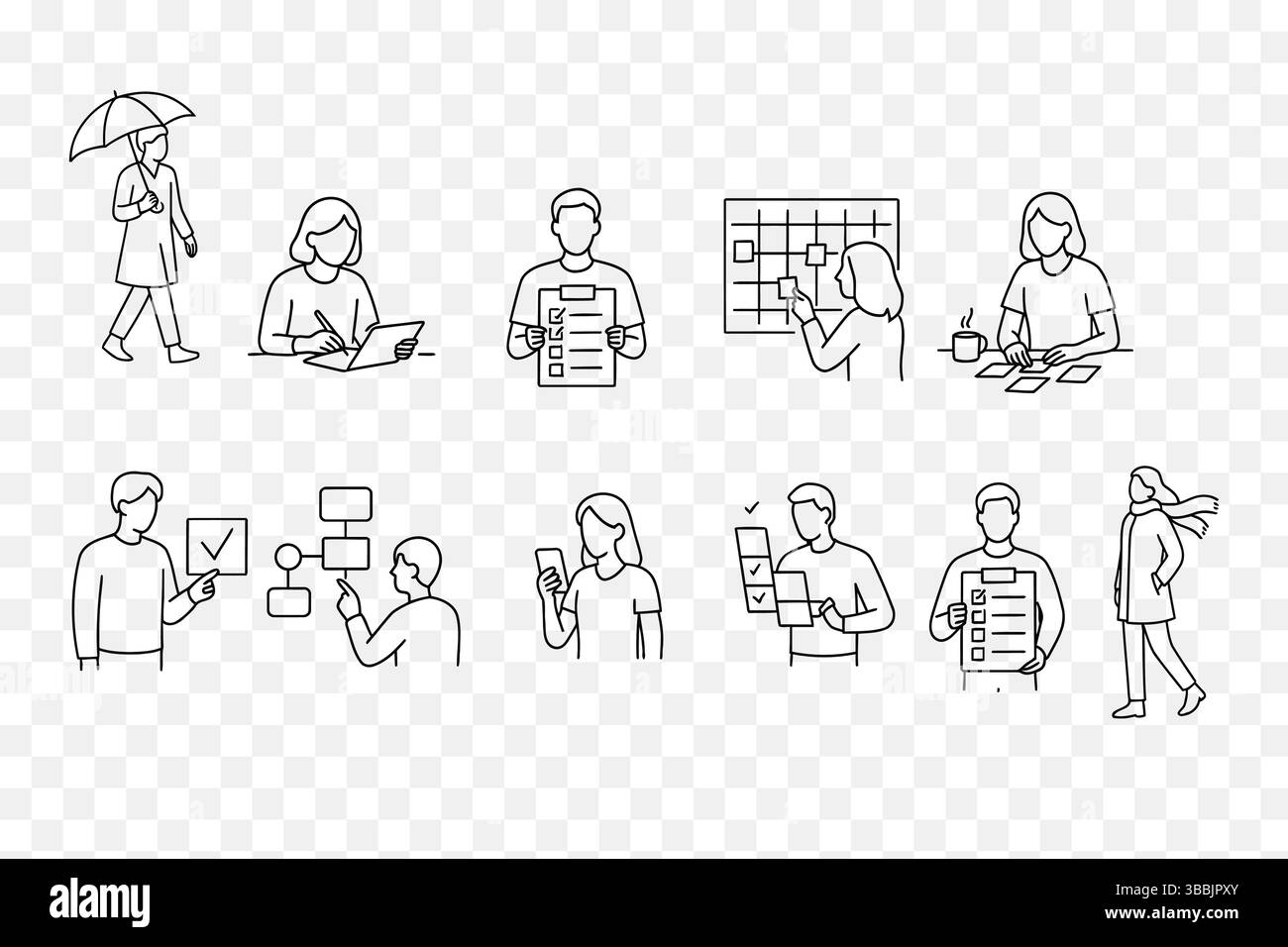 Task Management & Productivity Line Art Illustration Set – Minimalist Vector People Icons Stock Vector