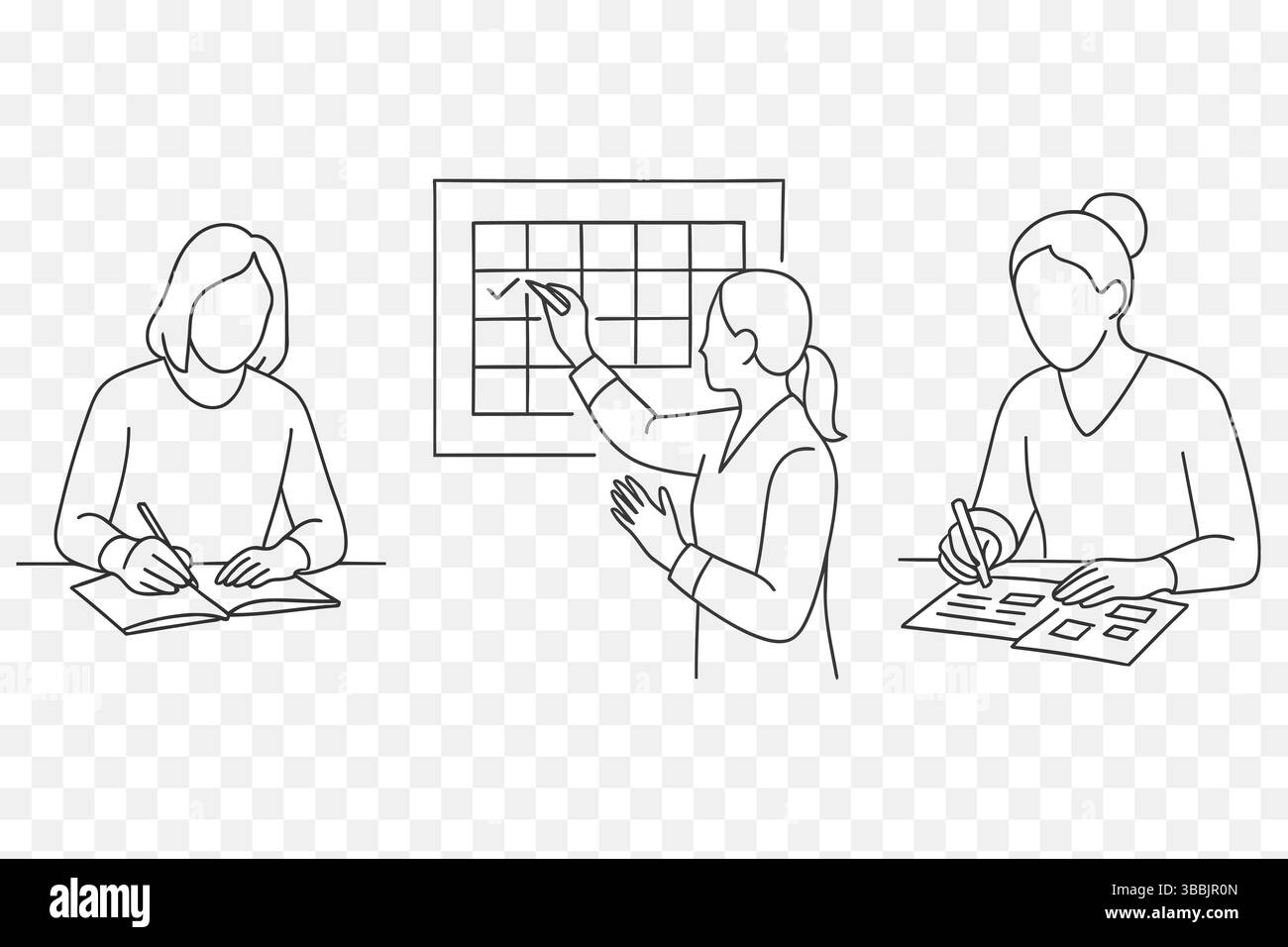 Minimalist Line Art of Women Planning, Writing, and Organizing Tasks Stock Vector