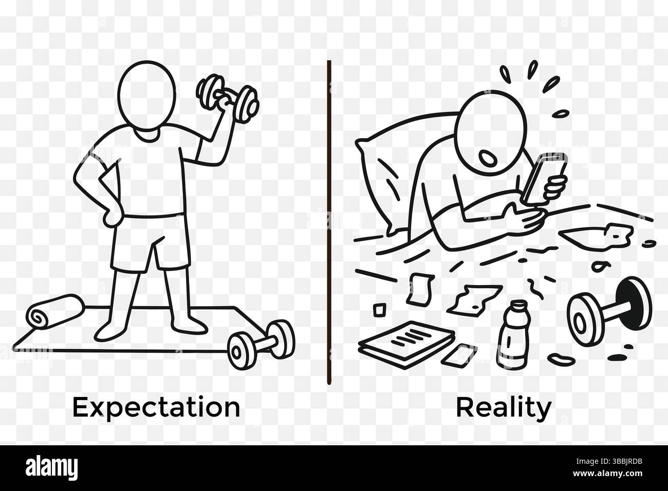 Expectation vs Reality Comic – Minimalist Line Art of Home Workout Motivation vs Distraction in Bed Stock Vector