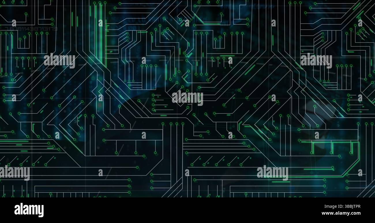 Image of microprocessor connections over male hacker using laptop Stock Photo