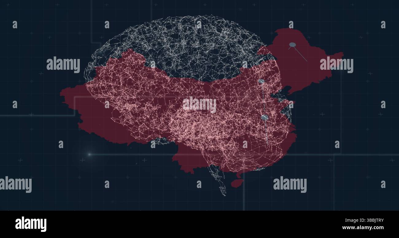 Image of brain rotating over map on black background Stock Photo