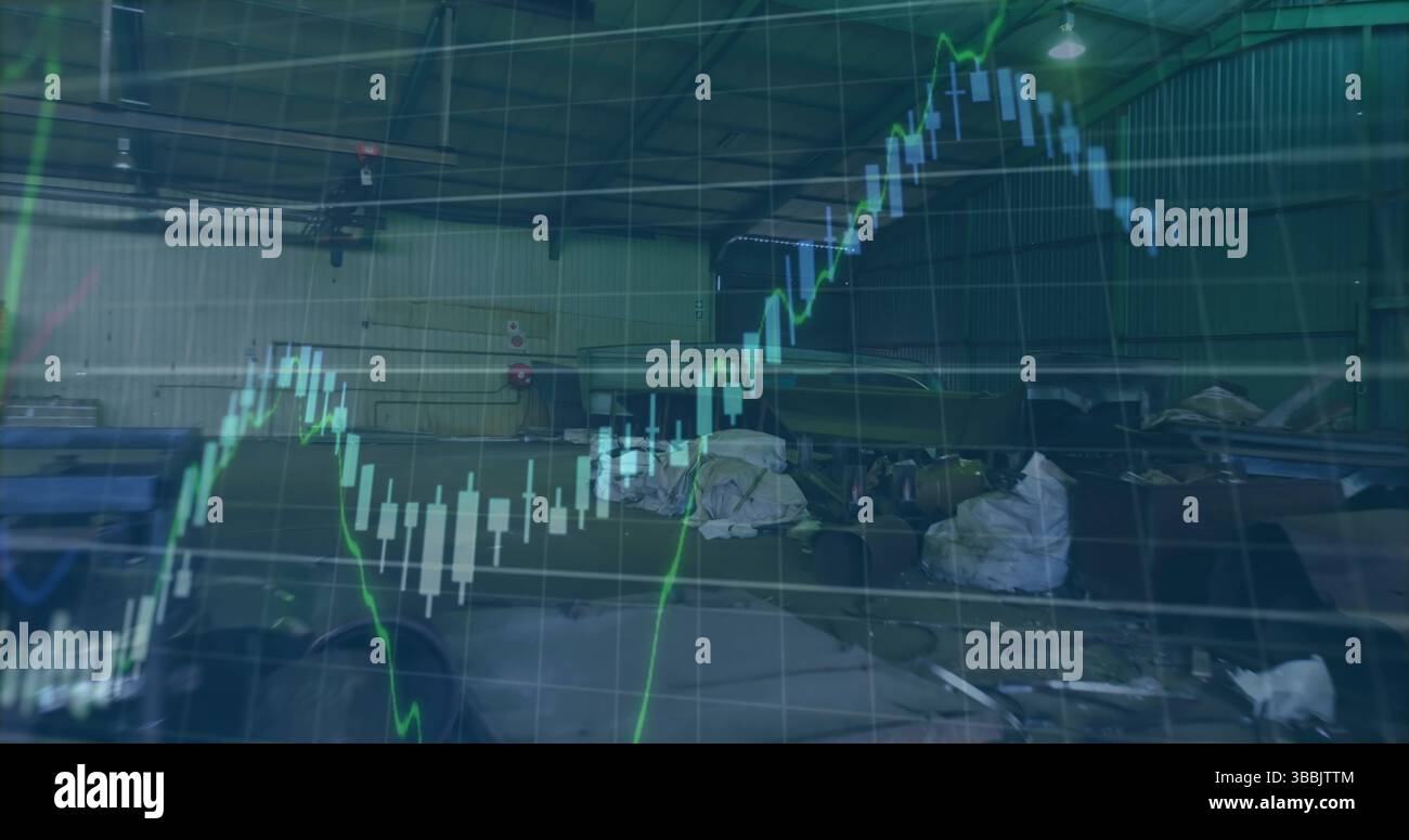 Image of graph with data processing over grid and landfill site Stock Photo