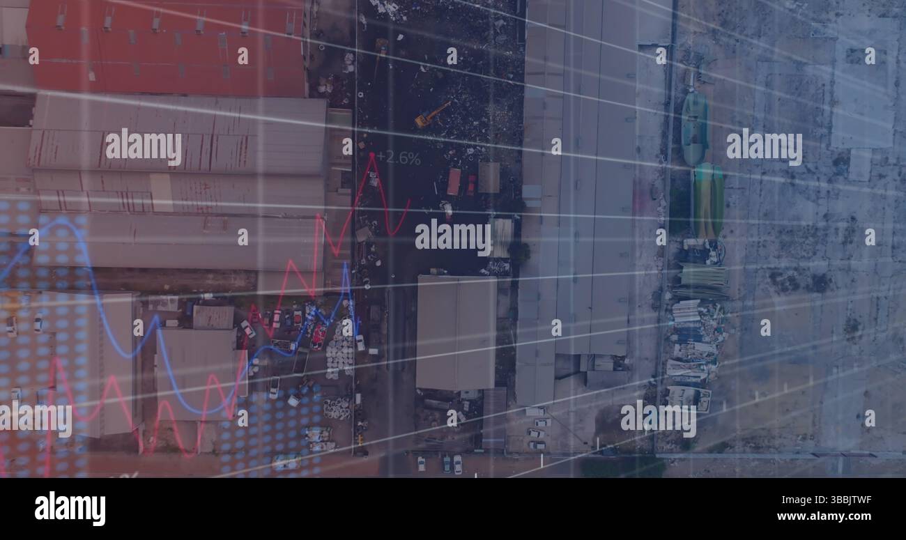 Image of graph with data processing over grid and landfill site Stock Photo