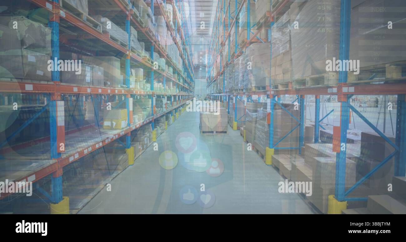 Image of multiple profile icons and statistical data processing against empty warehouse Stock Photo