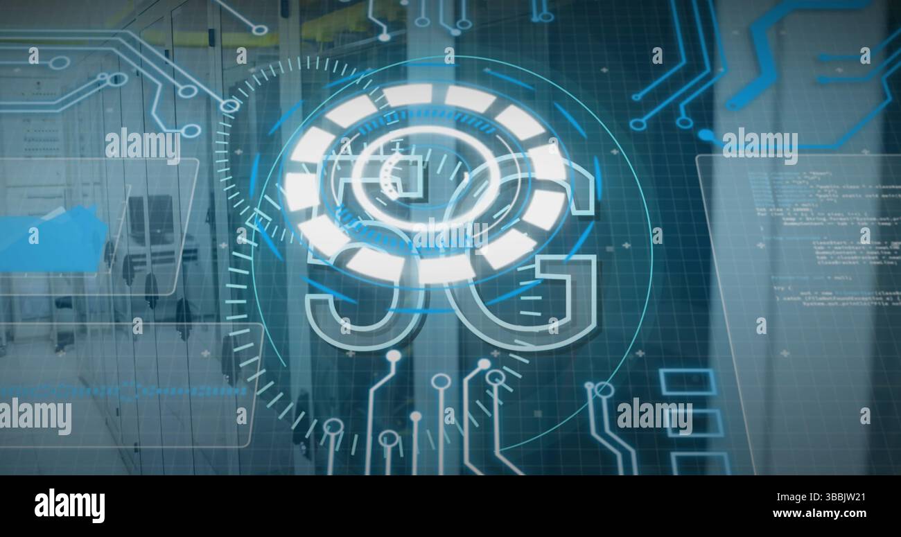 Image of scope scanning and data processing over empty office Stock Photo