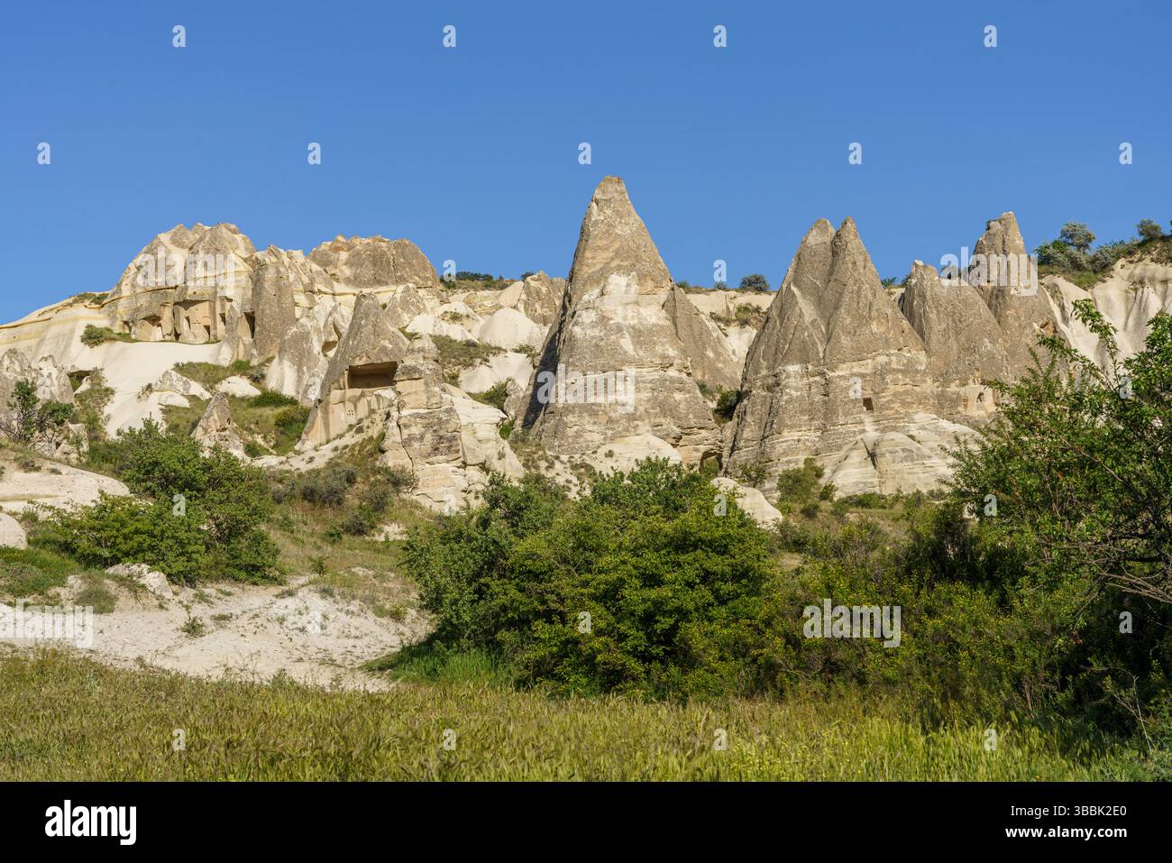Jagged fairy chimneys and eroded rock ridges rise above green shrubs in ...