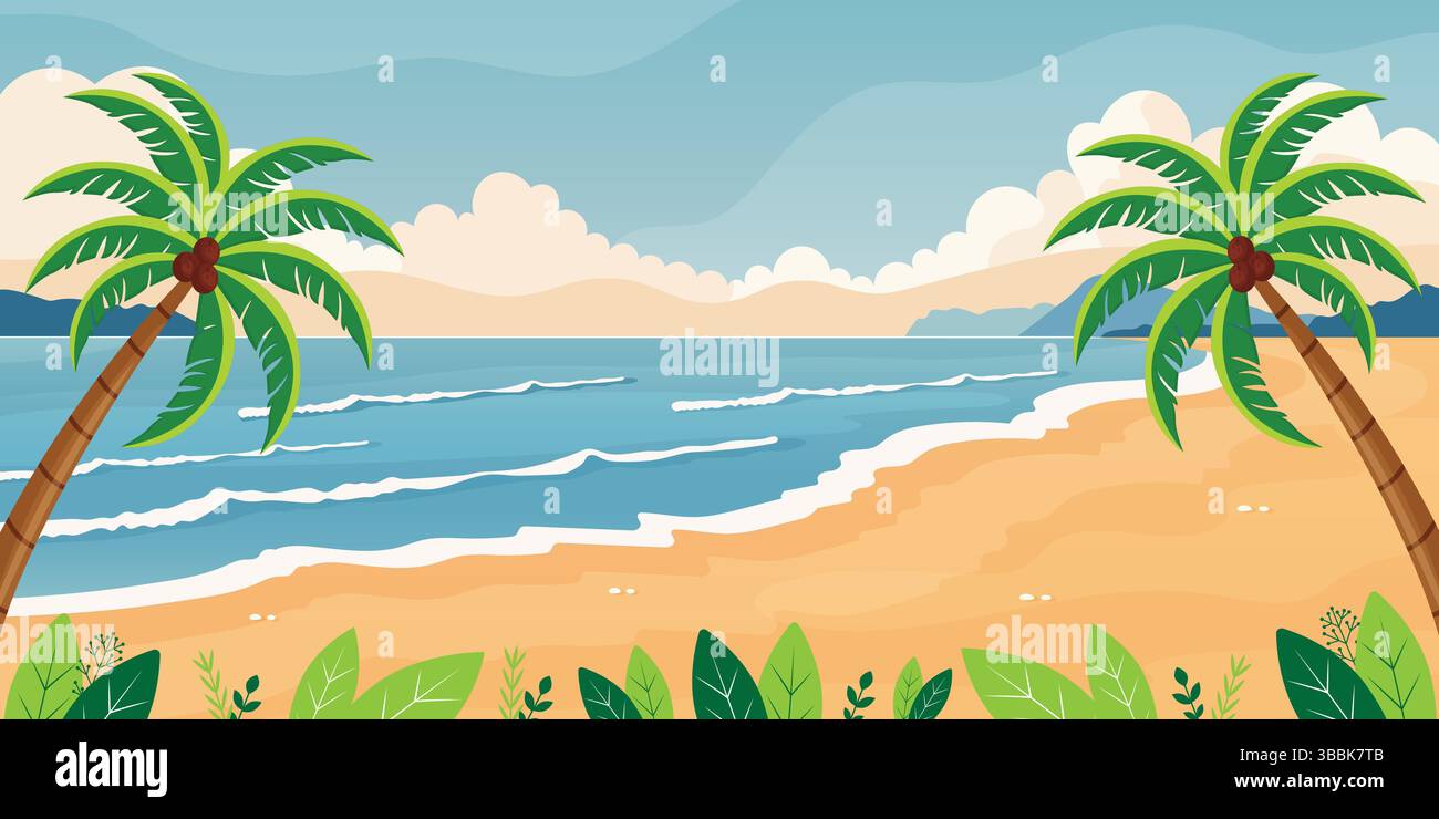 summer tropical beach flat vector illustration with palm trees and ...