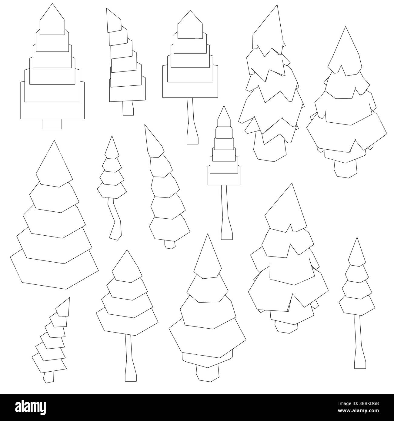 A series of trees are drawn in black and white. The trees are all ...