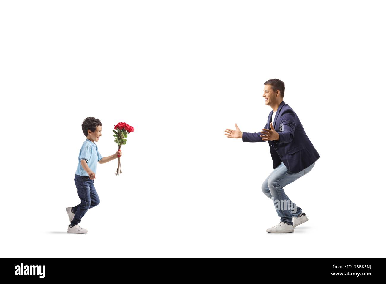 Boy running and giving a bouquet of red roses to his father isolated on ...