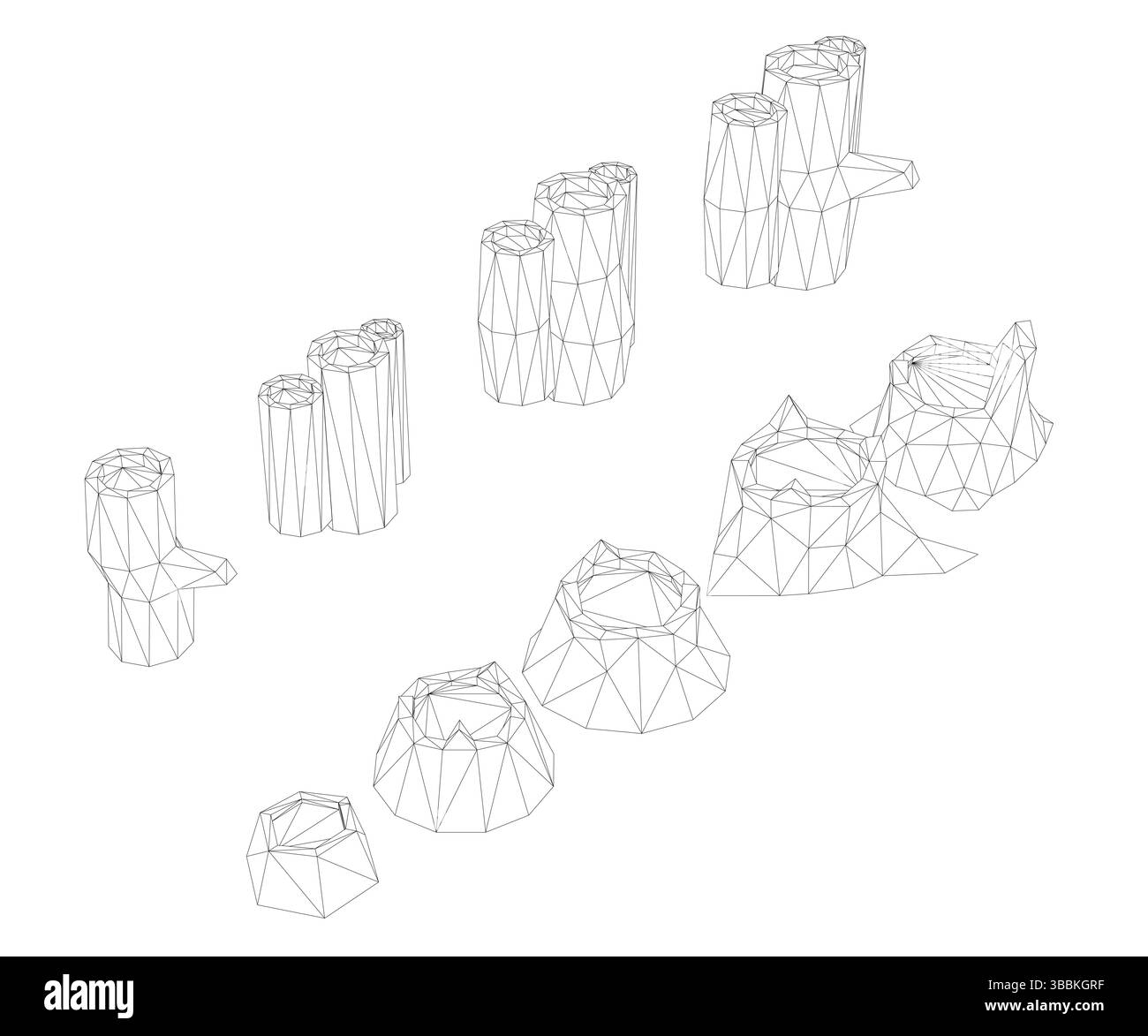 A series of drawings of felled trees, with some of the trees being cut ...