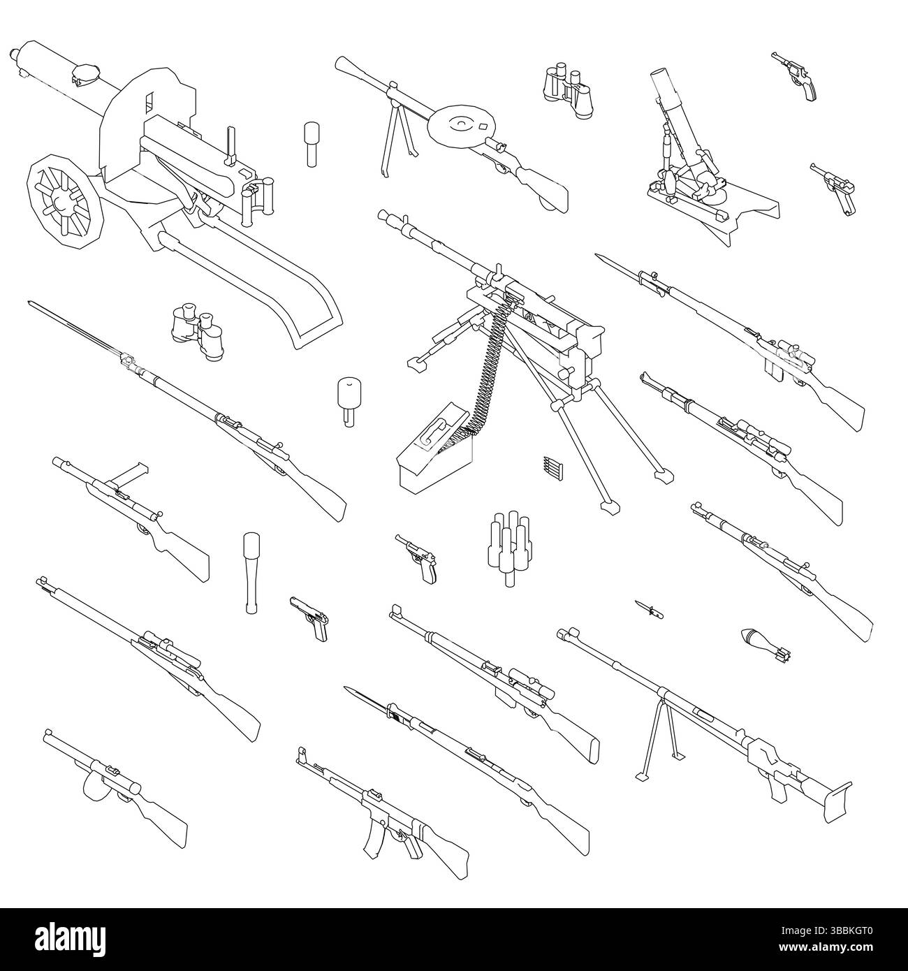 A collection of guns and a gun cart. The guns are of various sizes and ...