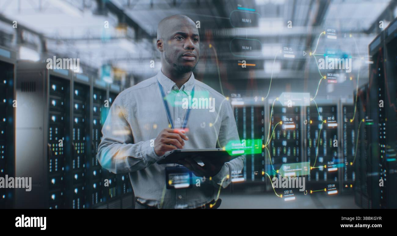 Digitalization Center Futuristic Big Data Center with VFX: African American Administrator ...