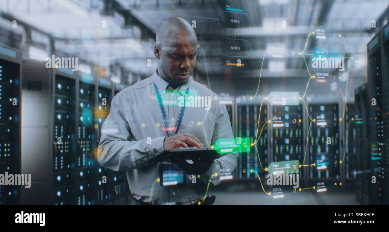 Futuristic Big Data Center with VFX: African American Administrator Using Digital Tablet. Animated Diagrams of Internet Traffic on Servers. Information Technology, Digitalization Concept. Medium Shot. Stock Photo