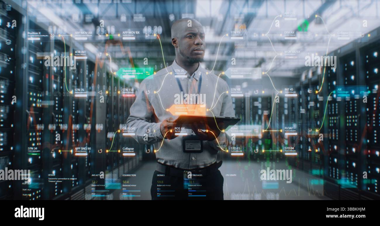 Digitalization Center Futuristic Big Data Center with VFX: African American Administrator ...