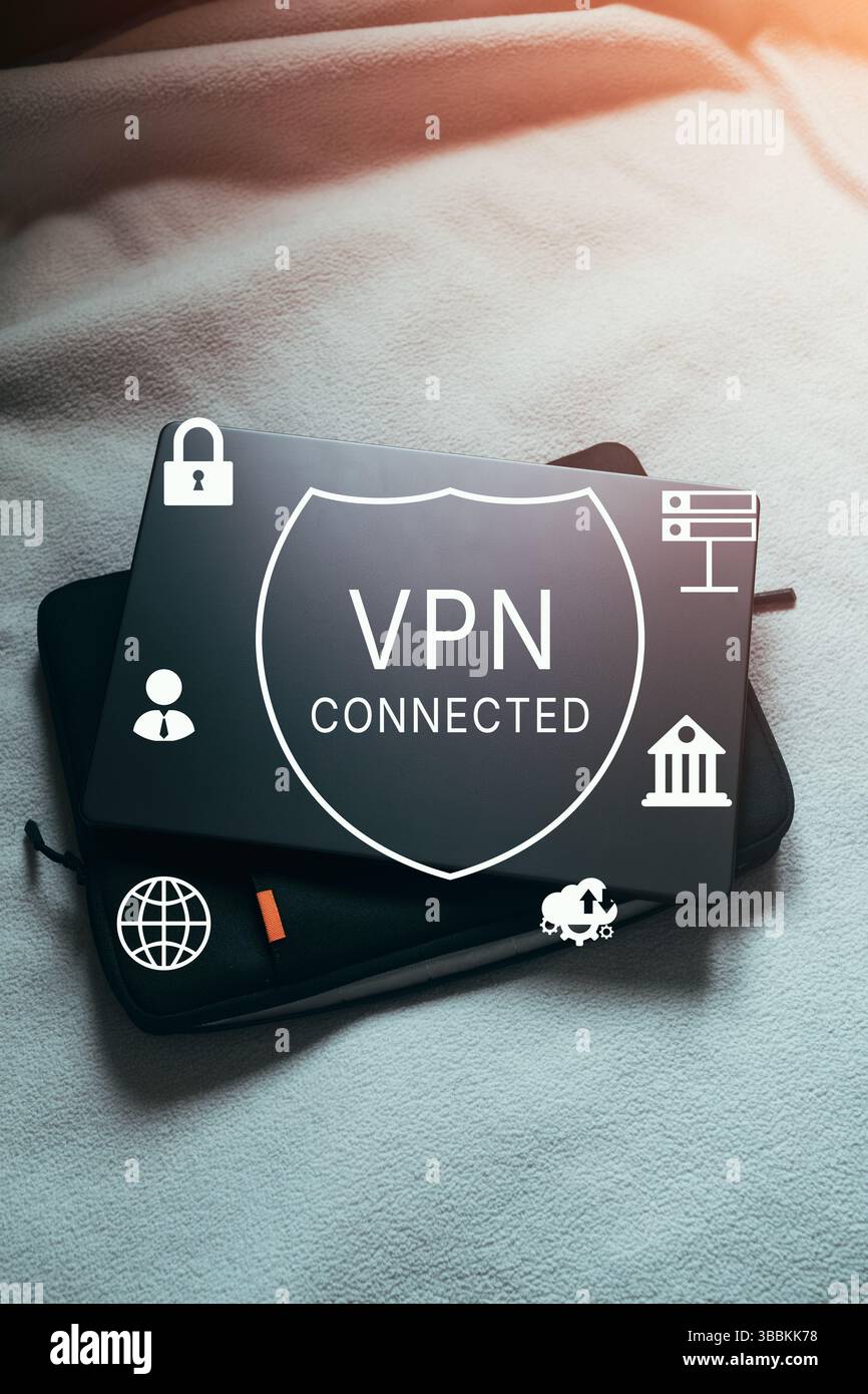 VPN Virtual Private network protocol concept. Laptop with VPN interface. Online system network. Stock Photo