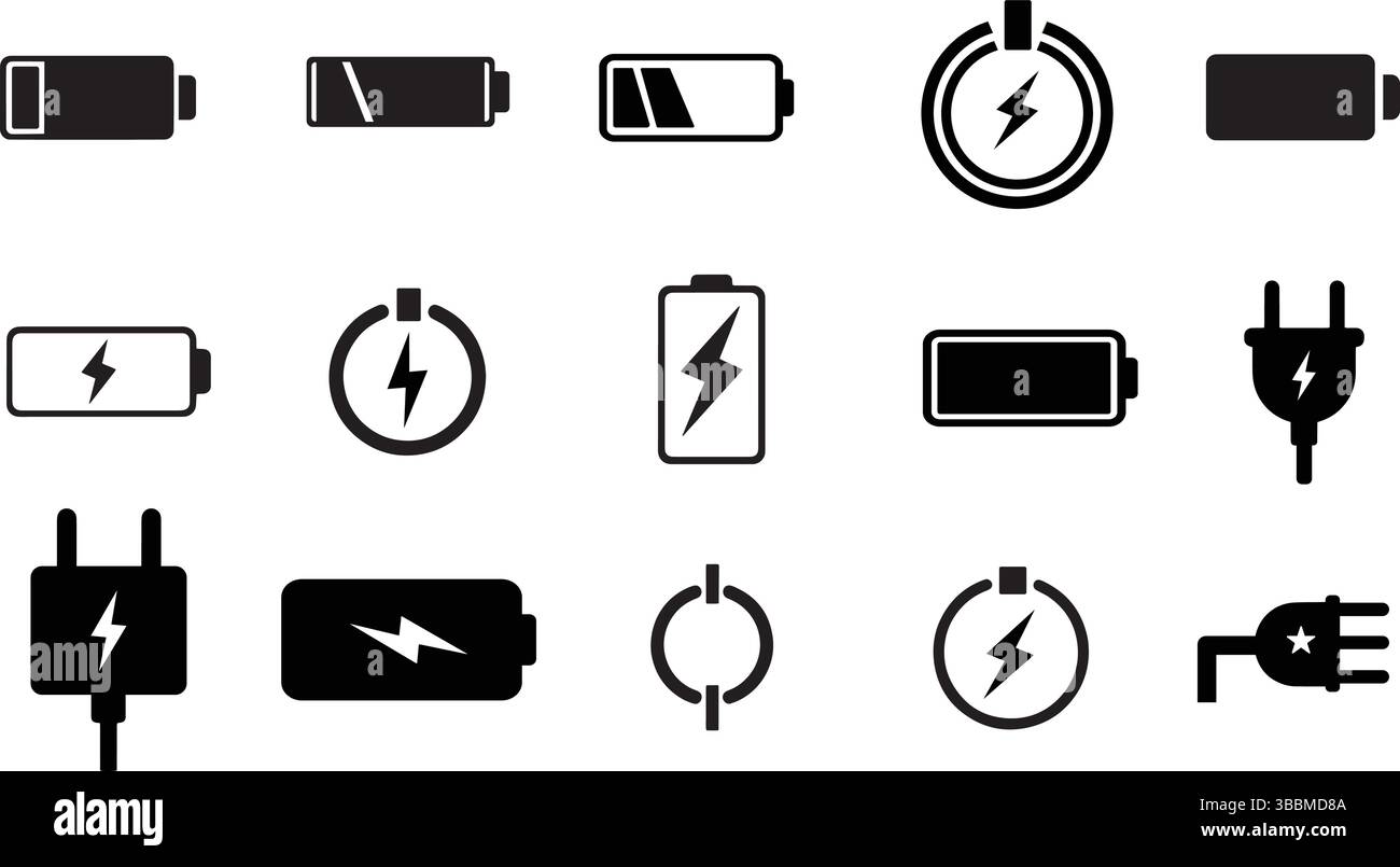 Battery Charge Icons Full, Low, and Energy Power Indicators Stock Vector