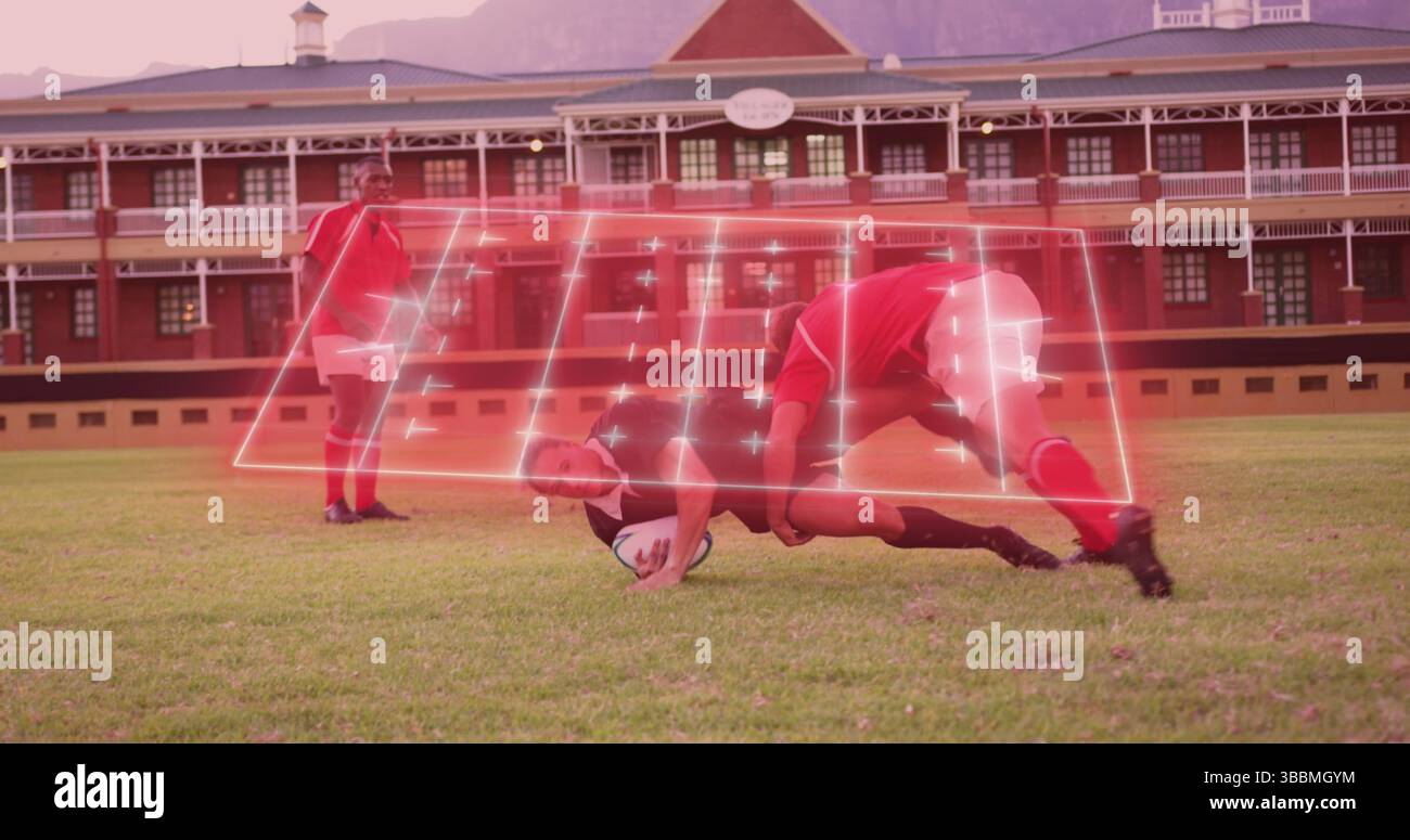 Image of neon stadium over diverse rugby players at stadium playing ...