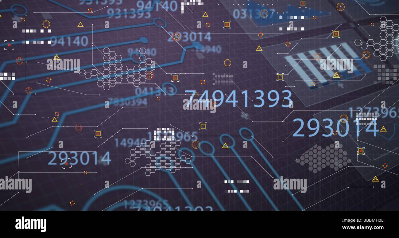Displaying glowing cyan circuits over dark grid, with digits, hexagons and warning triangles Stock Photo