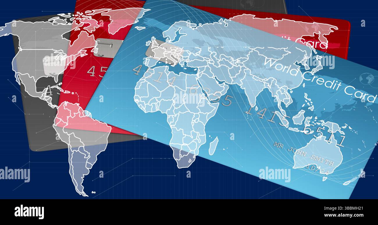 Displaying stacked red gray blue payment cards on blue layout with world map overlay, numeric codes Stock Photo