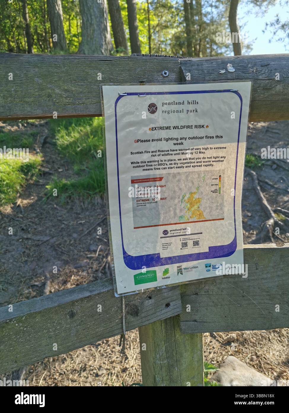 Extreme wildfire hazard warning in the Pentland Hills near Edinburgh. - Smartphone Captured Stock Image