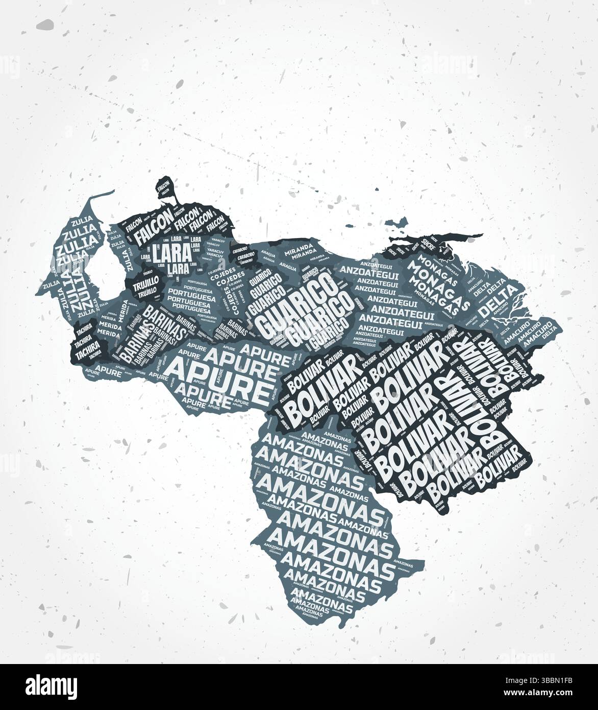 Venezuela regions word clouds. Country shape on textured background. Venezuela design in typographic style. Elegant vector illustration. Stock Vector