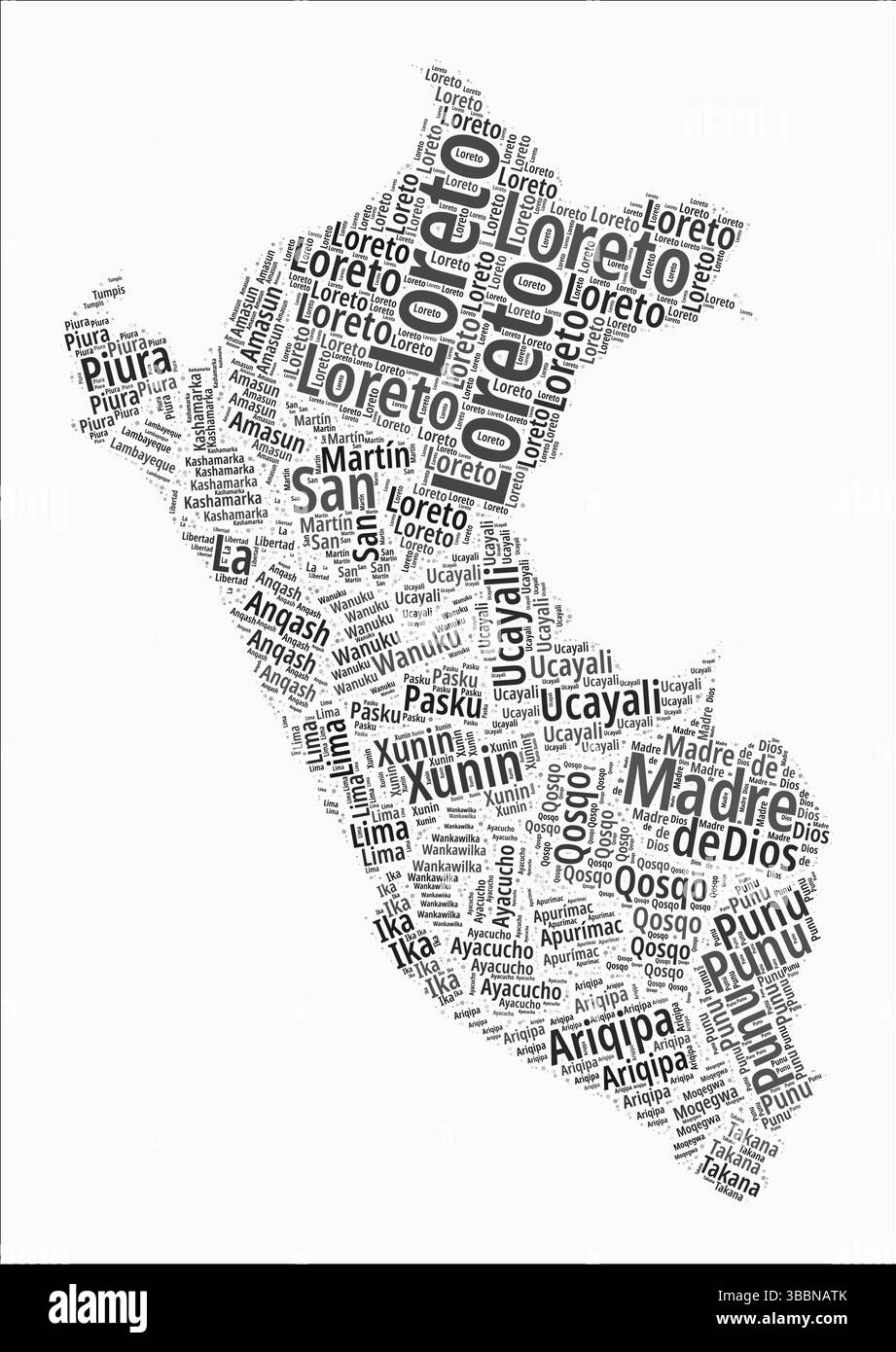 Peru Text Style Regions. Country region names word clouds in Spanish language. Modern vector illustration. Stock Vector