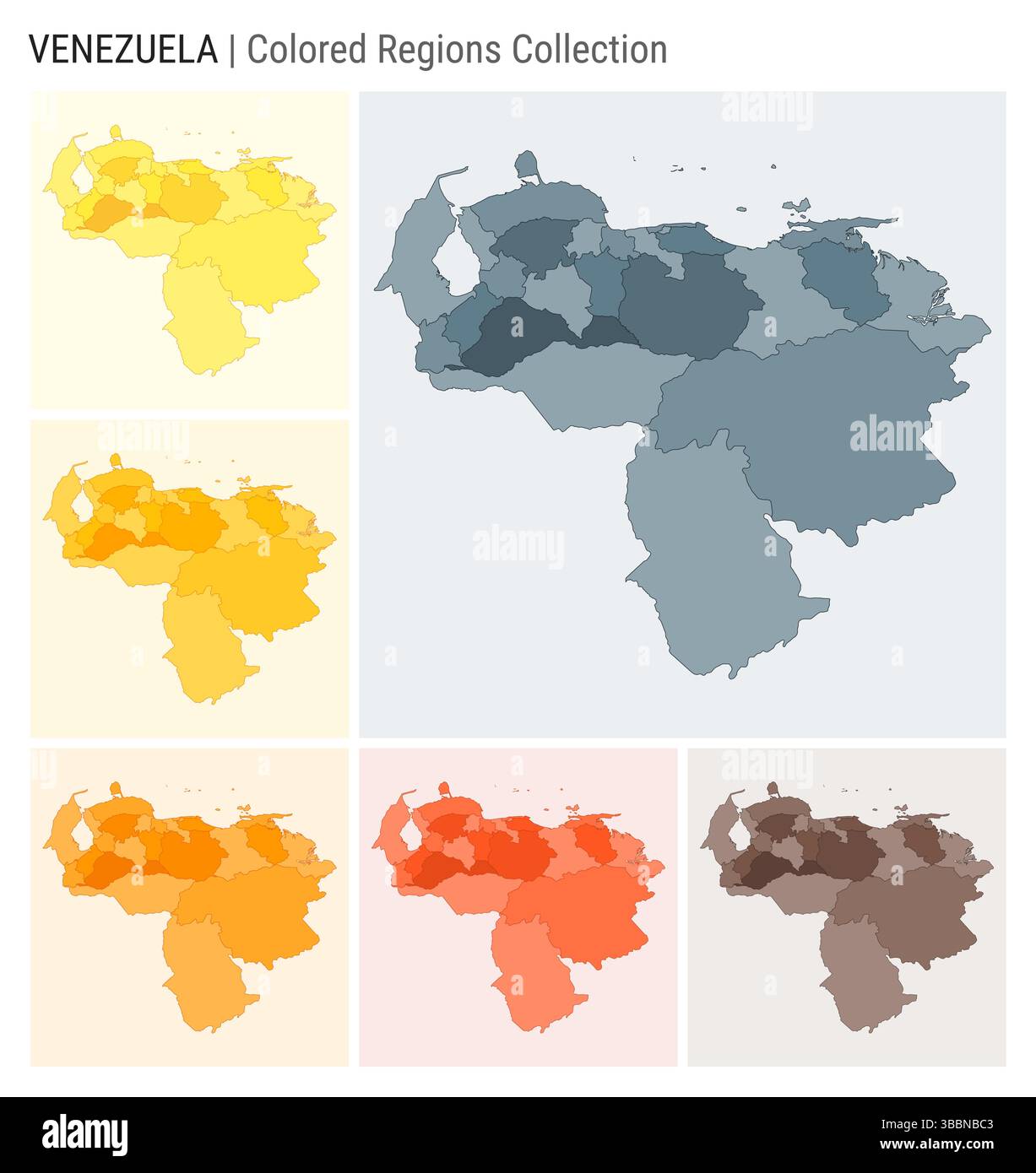 Venezuela map collection. Country shape with colored regions. Blue Grey ...