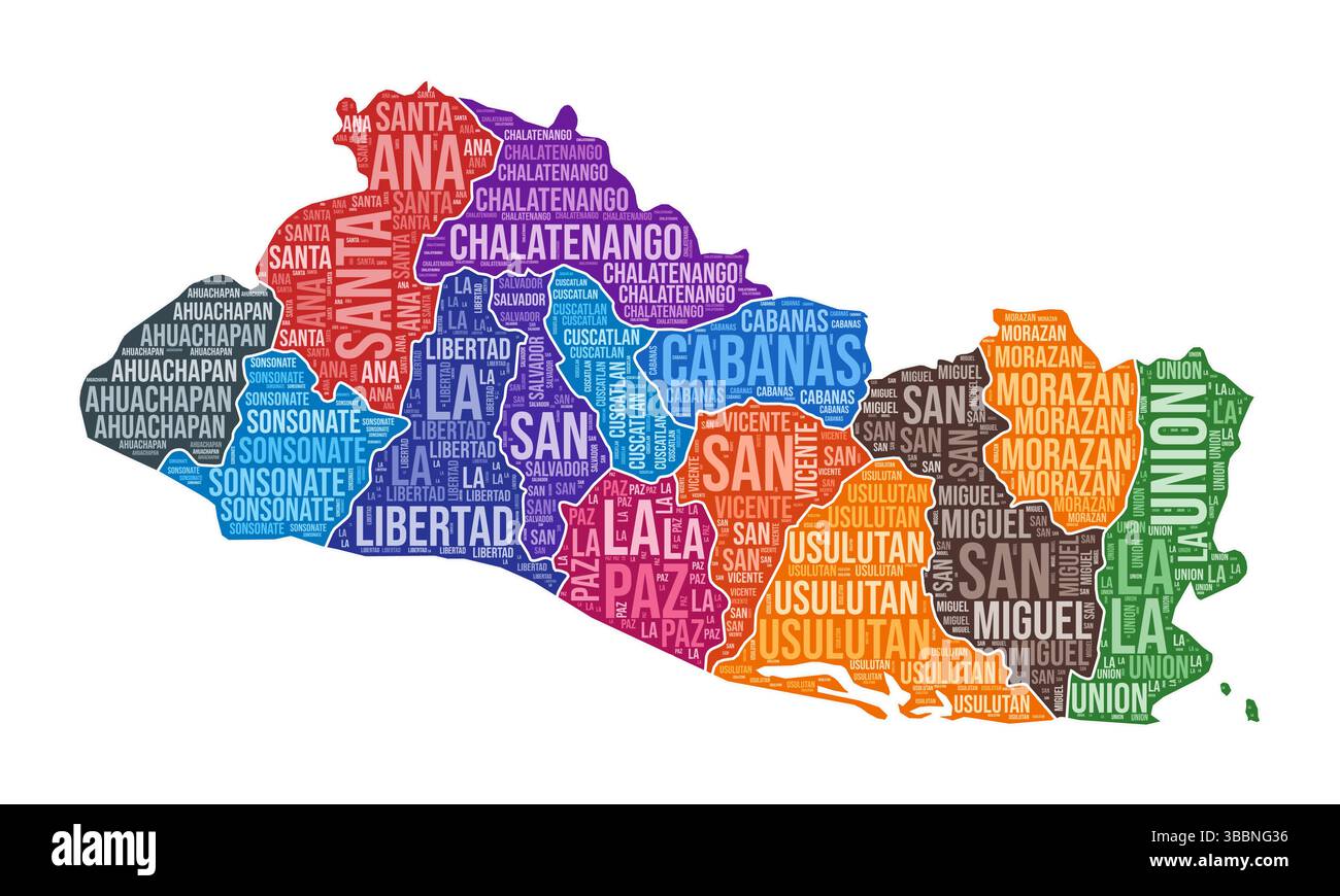 El Salvador shape. Country word cloud with region division. El Salvador ...