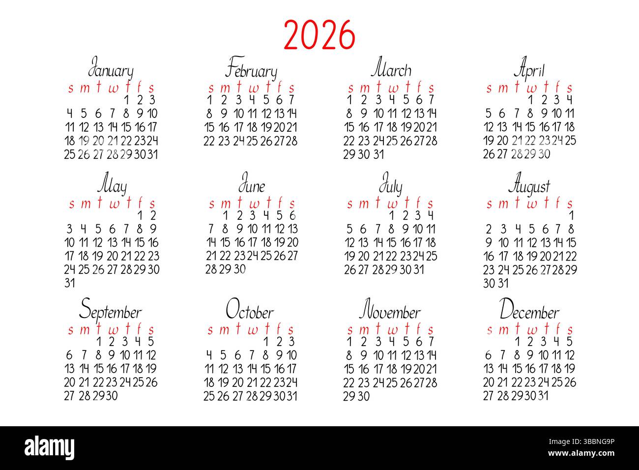 Annual calendar template for the year 2026 in simple minimalist style ...