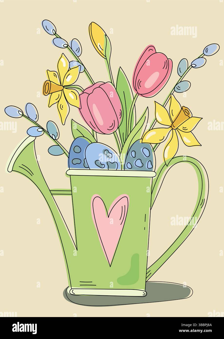 Vector Illustration Of A Room Watering Can With Flowers In A Cartoon ...