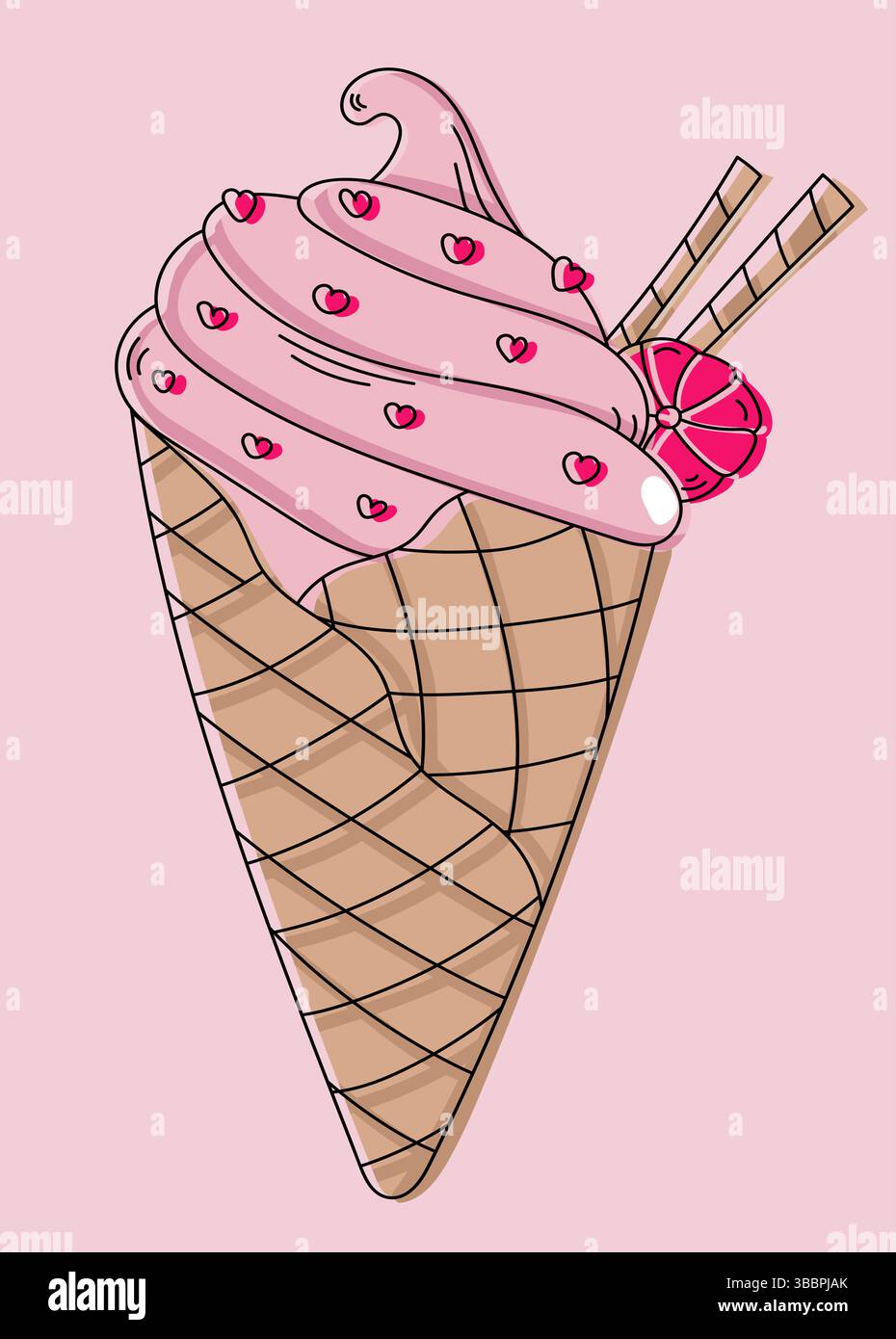 Pink Ice Cream In A Waffle Cone Vector Illustration In Cartoon Style ...