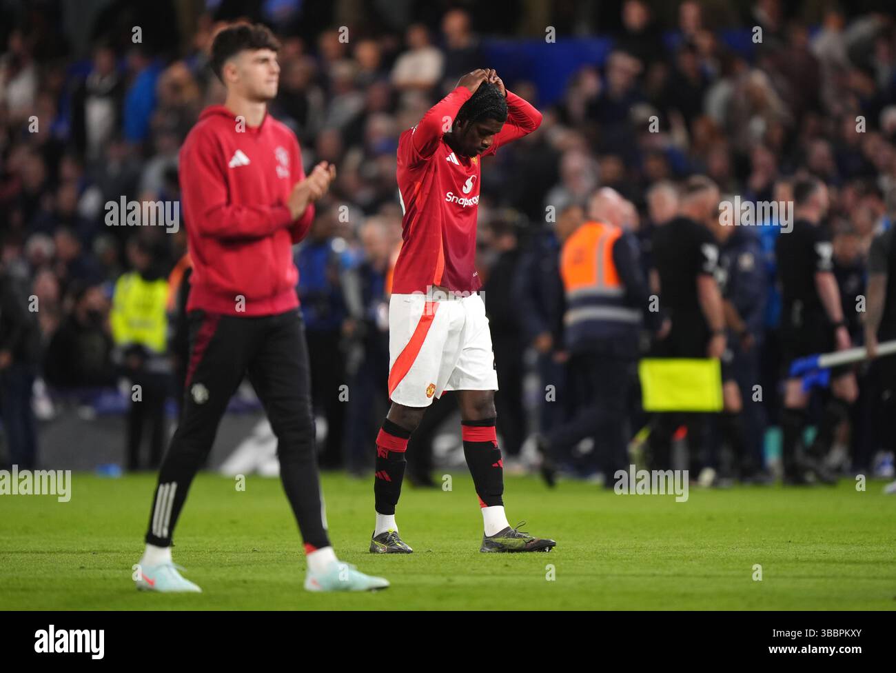 Manchester United's Patrick Dorgu reacts following the Premier League ...