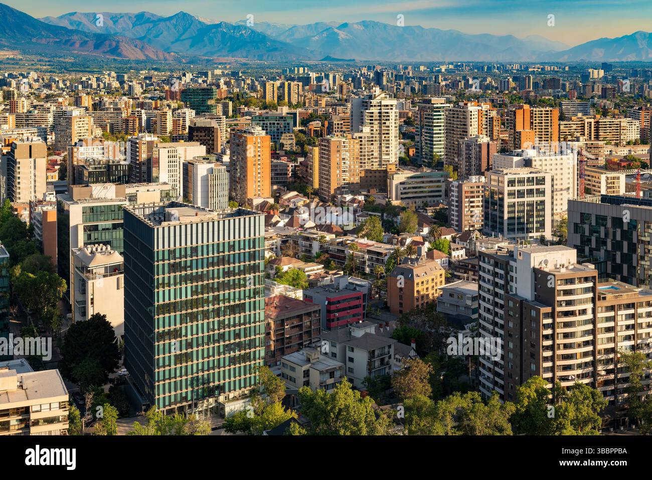 View of From an elevated vantage point, the Providencia district of Santiago de ...