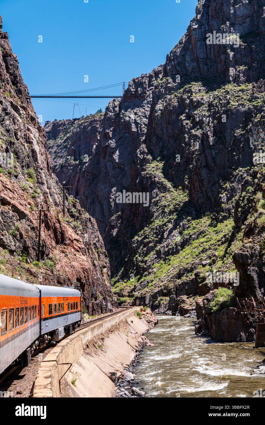 Royal Gorge Bridge viewed from the historic Royal Gorge Route Railroad.  The quarter mile span is one of the world��s highest suspension bridges �C hang Stock Photo