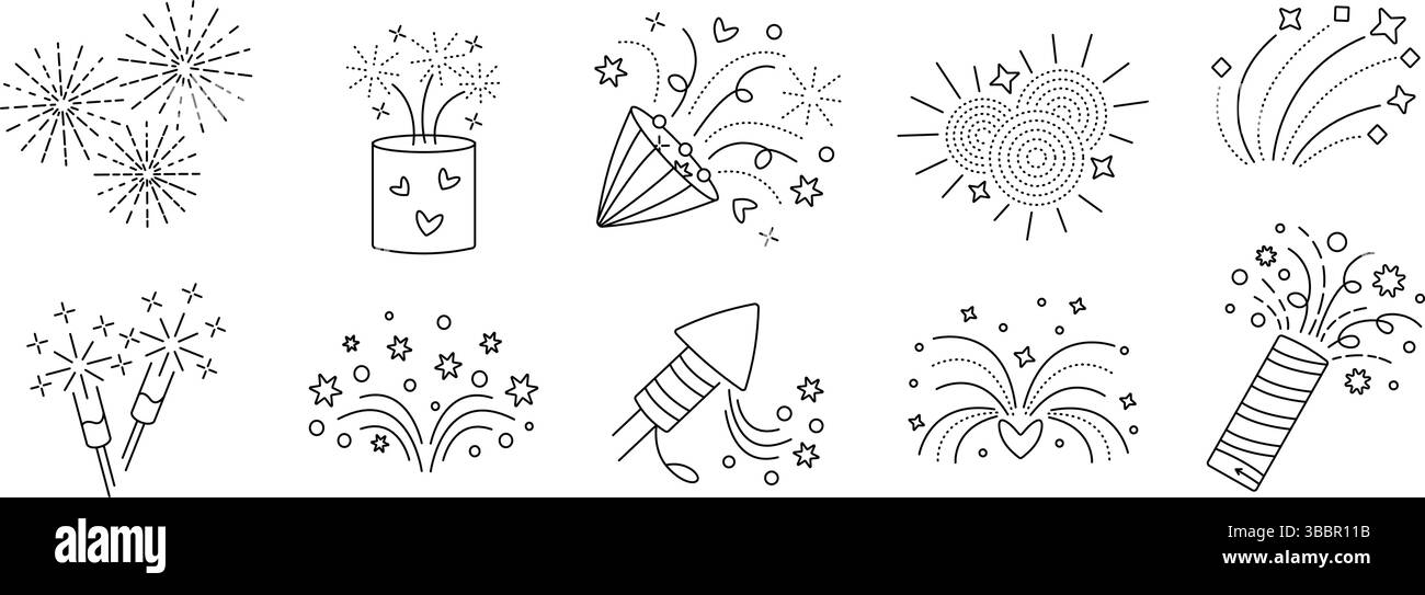 Fireworks icon set. Sparklers and firecrackers black line pictograms ...